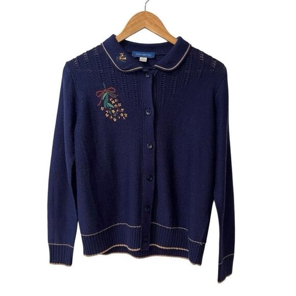 April Cornell Cardigan Sweater Women XS Cottage Embroidered Wool Blend Cute - Picture 1 of 12